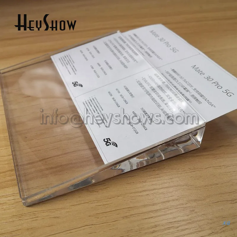 Acrylic Price Tag Holder, Transparent Sign Base, Huawei Label Display Stand, Mobile Phone, Retail Shop or Supermarket on Desk