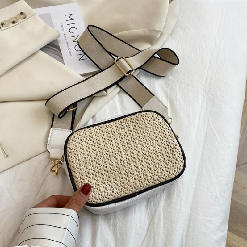 Summer Straw Crossbody Bags For Women Fashion Wide Strap Shoulder Bag Small Handbag Travel Cross Body Messenger Bags