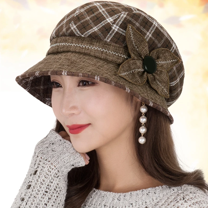 

Autumn Winter Women's Lattice Hat Outdoor British Style Elegant Plaid Grid Cap Casual Retro Painter Basin Hat