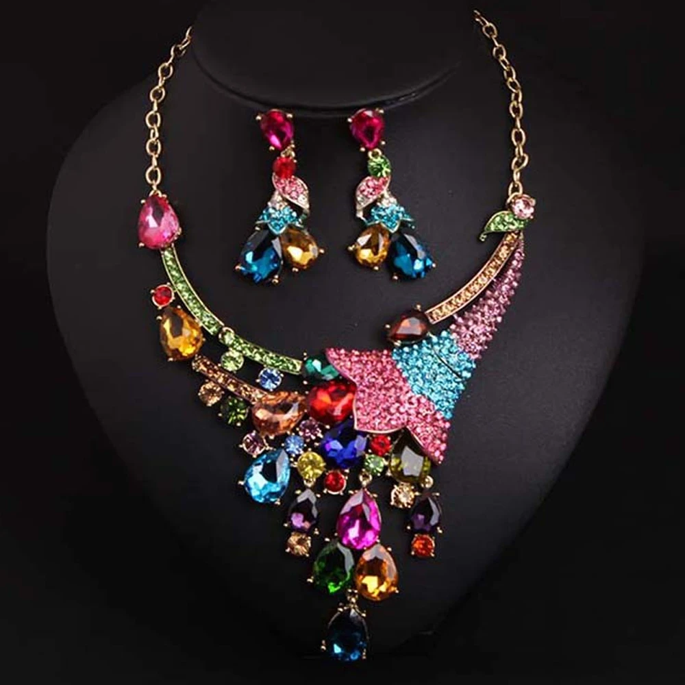 

Luxury Shiny Colored Gems Crystal Jewelry Sets Pendant Necklace Earring for Women Trendy Wedding Banquet Dinner Dress Accessori