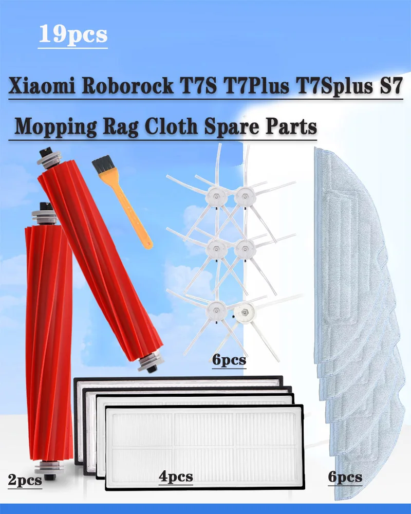 

19pcs for Xiaomi Roborock T7S T7Plus T7Splus S7 Main Brush Hepa Filter Mopping Cloth Side Brush Mopping Rag Cloth Spare Parts