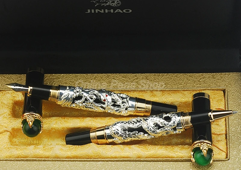 Jinhao Luxury Dragon King Fountain Pen & Rolllerball Pen Green Jewelry Metal Embossing Silver Color Writing Pen W/Gift Box