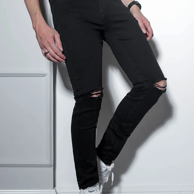 Men's jeans European high Street hip hop ripped slim pants men's black retro beggar pants large size small leg pants