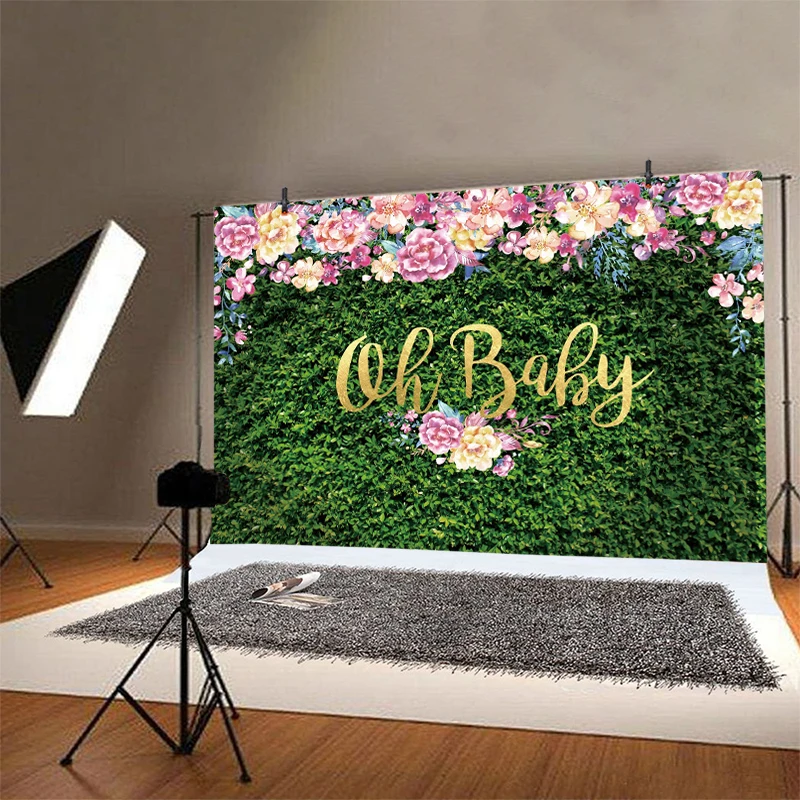 Oh Baby Green Leaves Backdrop Watercolor Flower Baby Shower Newborn Announce Pregnancy Birthday Party Photo Background Banner