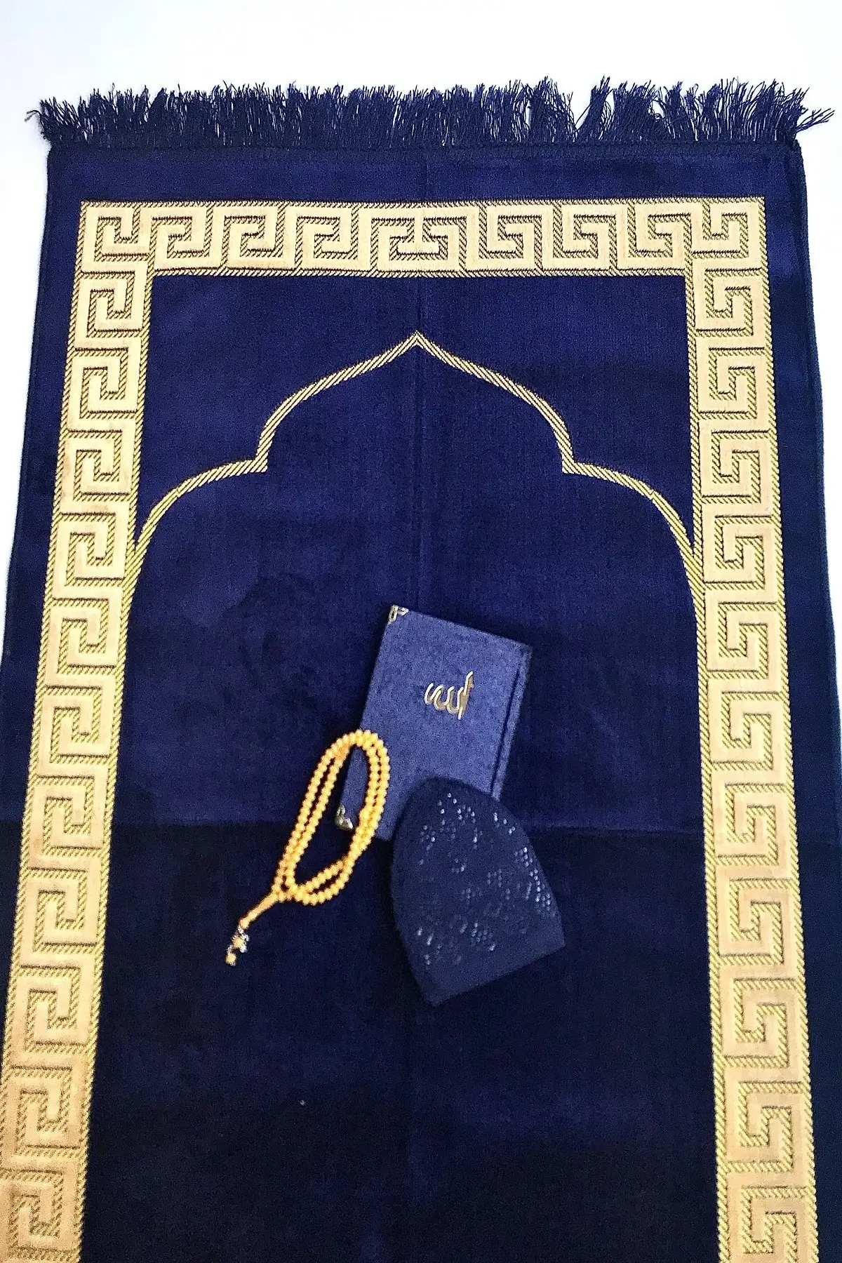 Desensiz Velvet Navy Blue Prayer Mat, velvet Yasin, rosary, skullcap