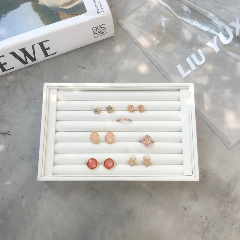 Newly White PU Rings/Flat Jewelry Display Velvet Slots Earrings Rings Tray Organizer Holder Case Box  8 Colors