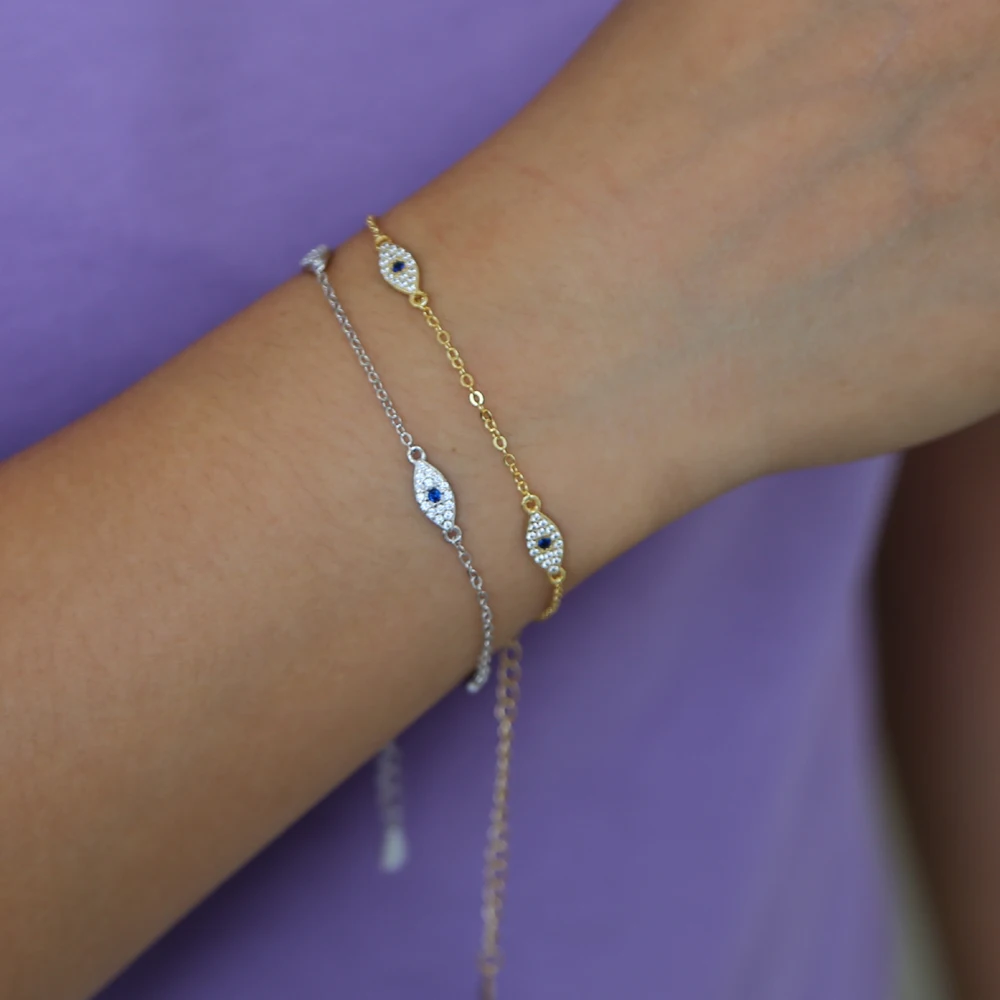 100% 925 sterling silver cute lovely blue white cz evil eye link chain minimal delicate thin chain women girl adorable bracelet