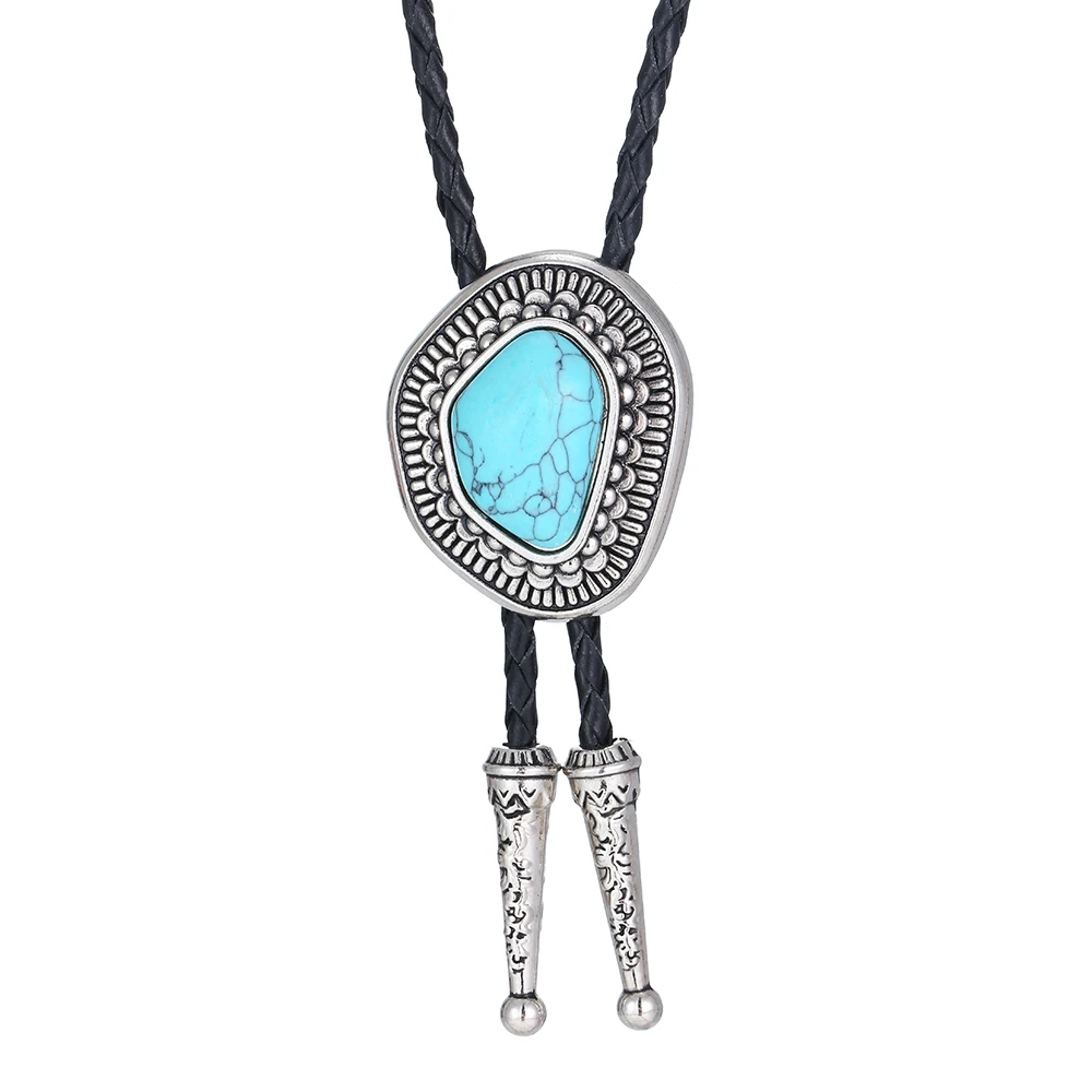 Western cowboy zinc alloy special-shaped point natural turquoise men and women punk leather rope necklace