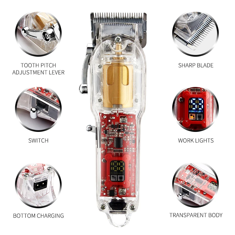 New Transparent Professional Rechargeable Hair Clipper Shaver Grooming Kit Trimmer Beard Razor Hair Cutting Machine Men LCD