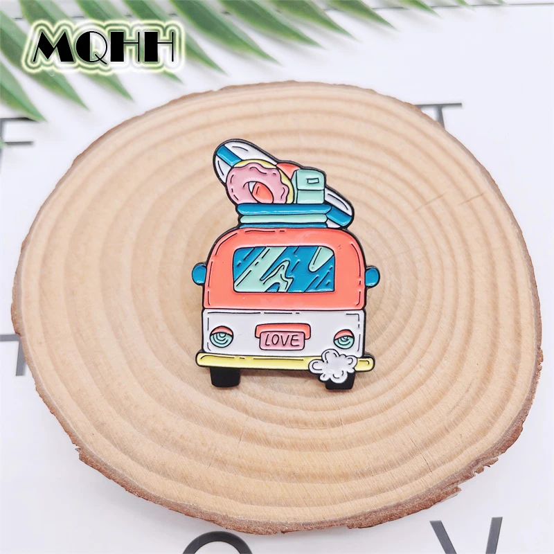 Cartoon Sweet Love Bus Car Enamel Pins Seaside Vacation Swimming Ring Surf Alloy Brooch Badge Fashion Jewelry Gift For Friends