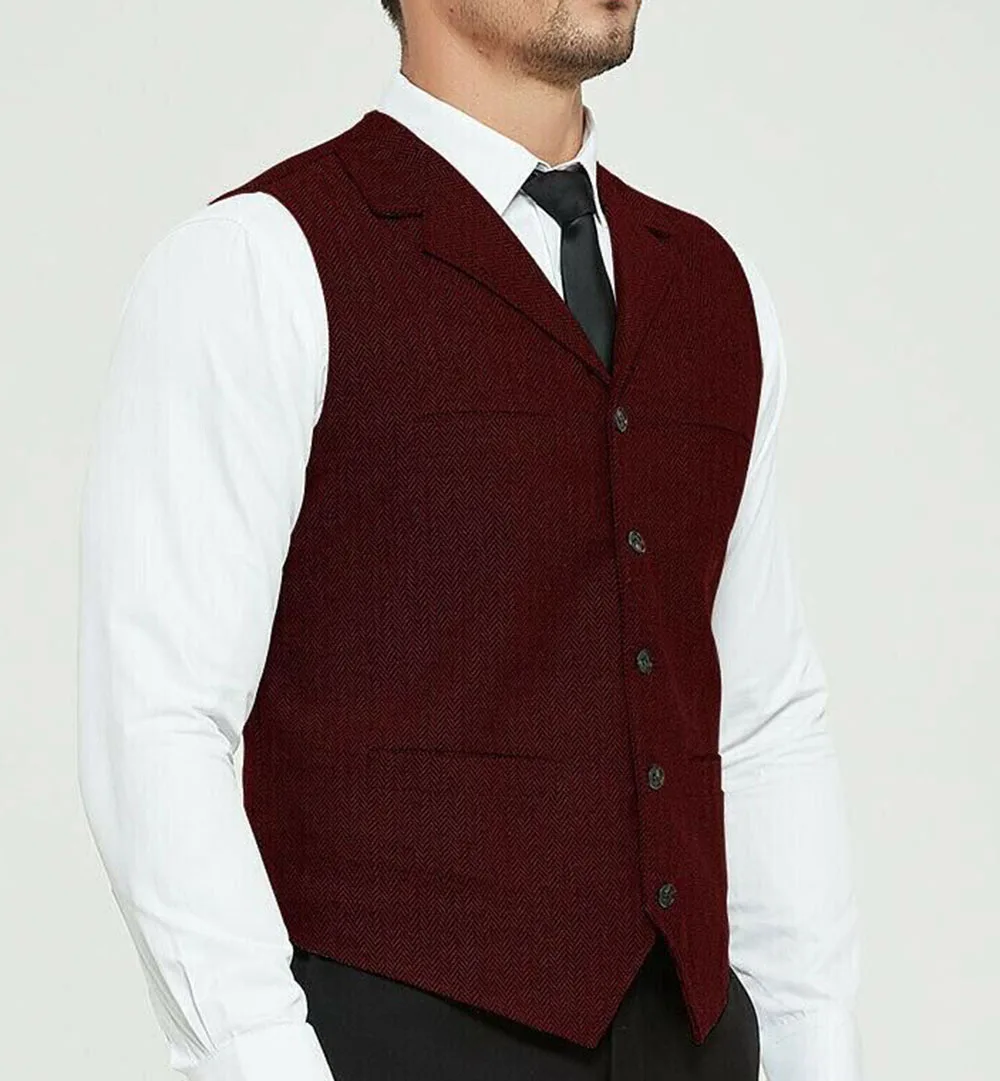 Men\'s Grey Herringbone Wool Tweed Slim Fit Leisure Cotton Suit Burgundy Vest Gentleman Business Waistcoat For Wedding