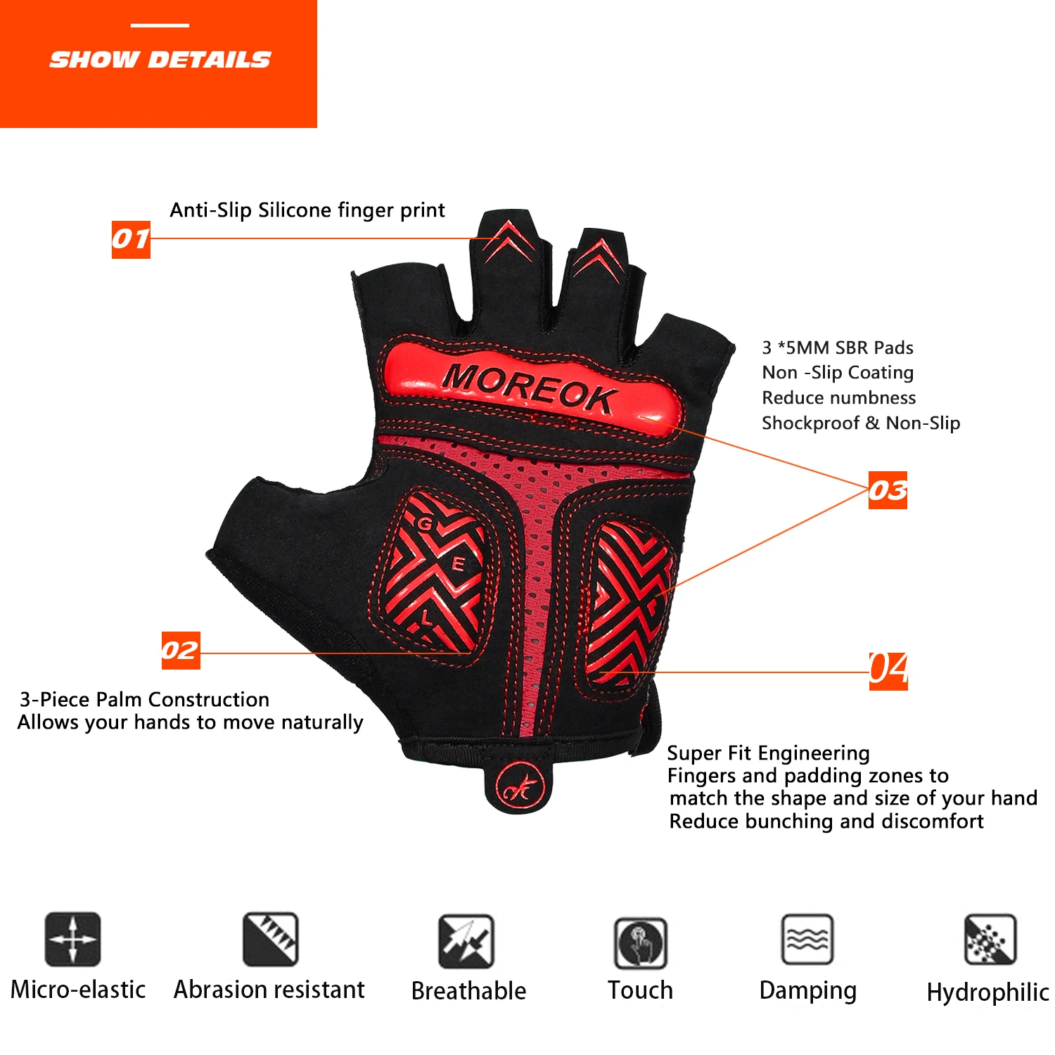 MOREOK Cycling Gloves Half Finger Bike Gloves 5MM Pads Bicycle Gloves Shock-Absorbing Mountain Bike Gloves Anti-slip MTB Gloves