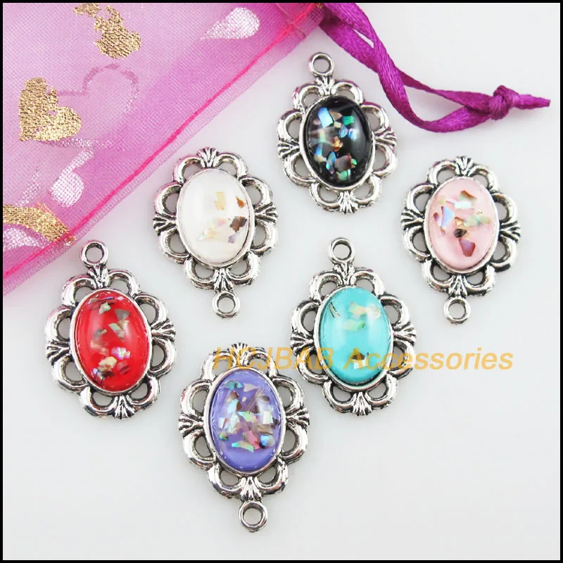 12 New Oval Flower Resin Pendants Shivering Mixed Charms Tibetan Silver 18x22mm