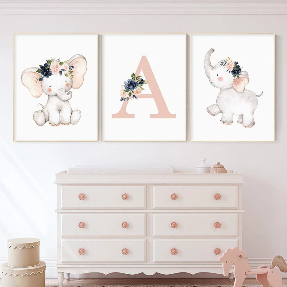 

Girl Pink Flower Elephant Posters Personalized Baby's Name Custom Nursery Wall Art Canvas Painting Decor Picture For Kid Bedroom