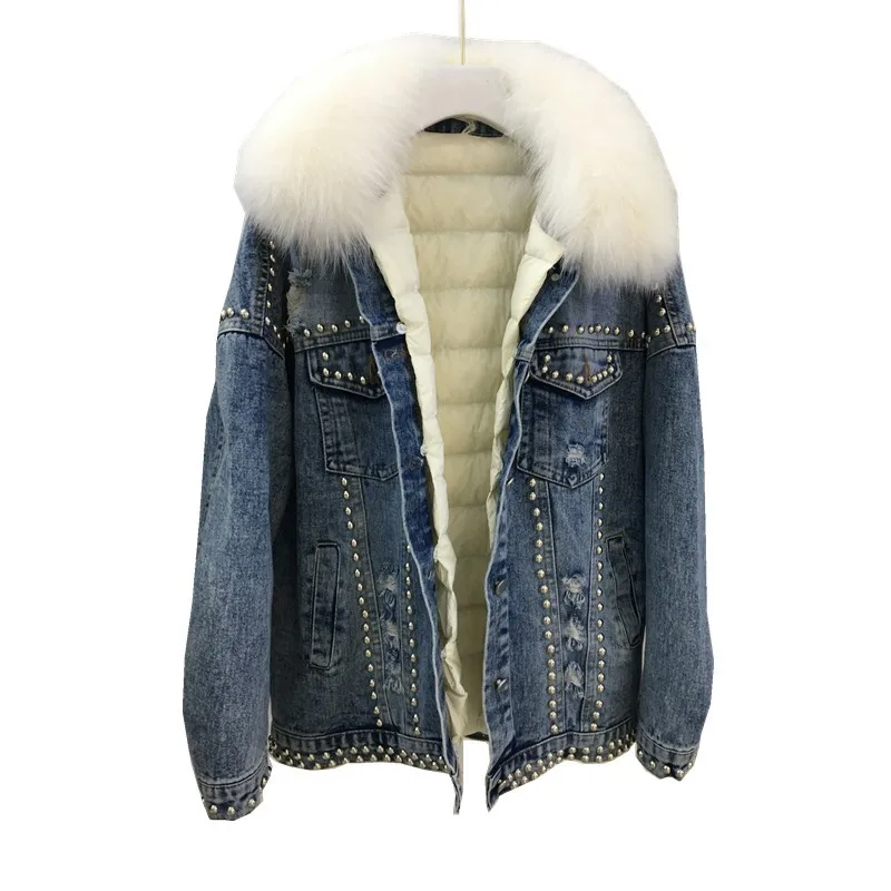 New rivet short down jacket women's detachable liner fox fur collar white duck down fashion denim jacket 90 velvet two piece set