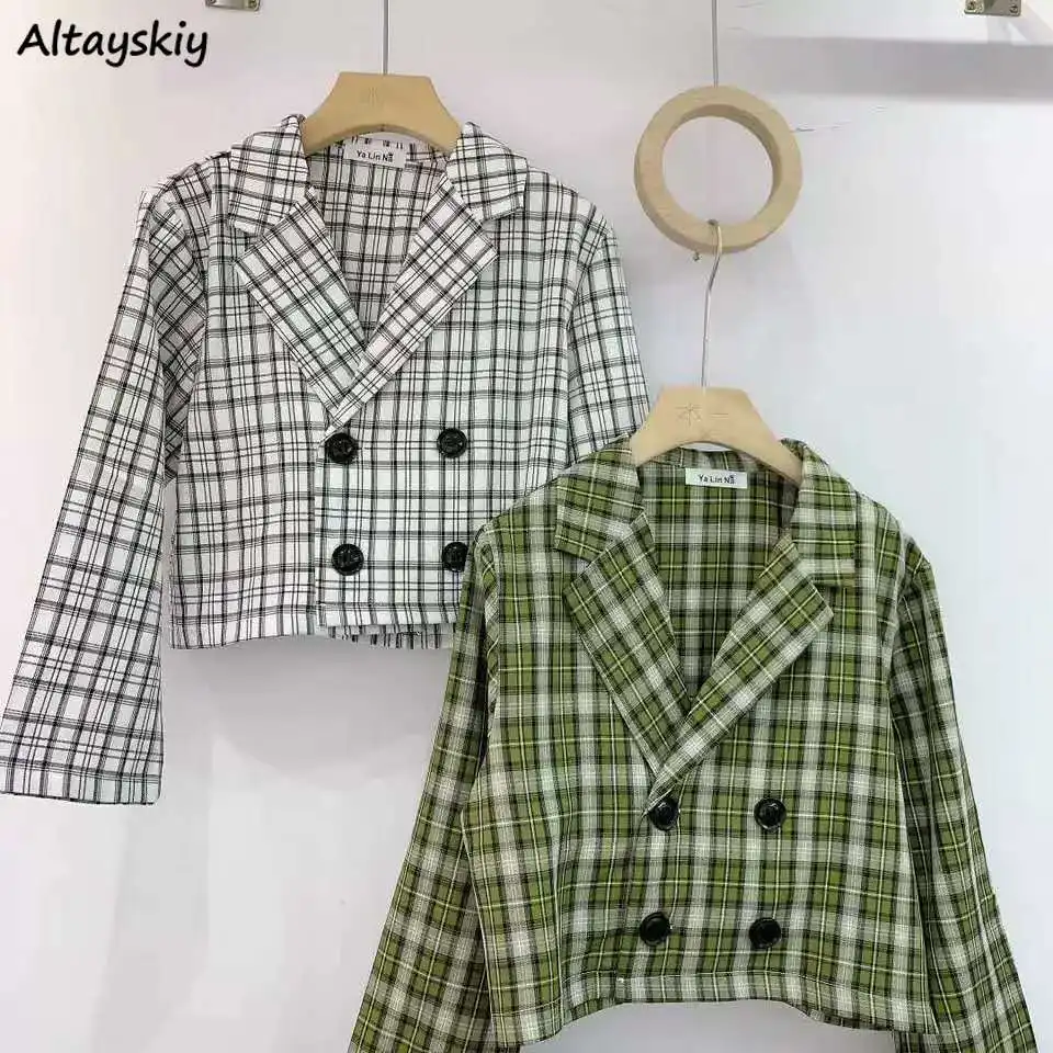 

Cropped Jackets Women Chic Plaid Summer Trendy Korean Vintage Double Breasted Ladies Outwear All-match Casual Female Clothing