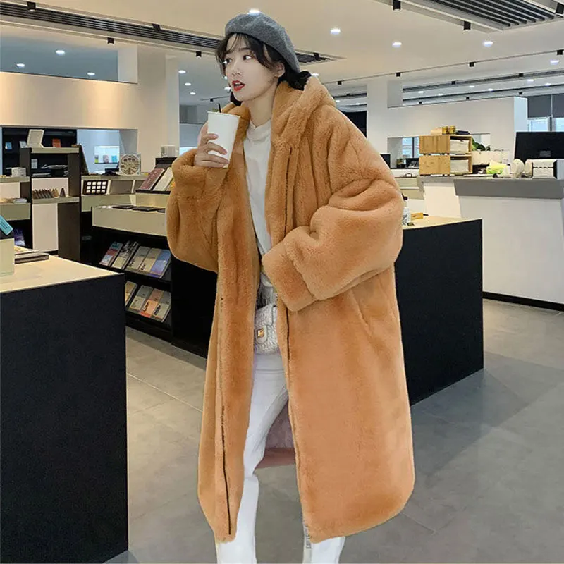 Liuj qm com capuz oversized jacket casaco de pele de inverno feminino parka longo quente casaco de pele do falso casacos de inverno solto