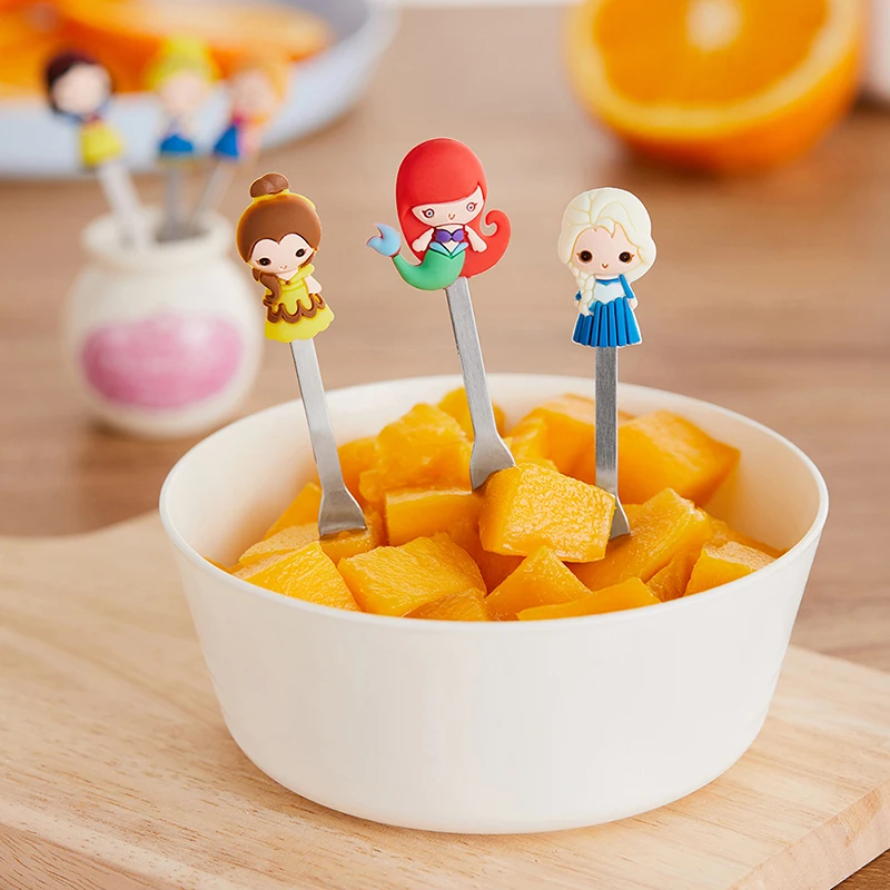 6pcs/Set Cute Cartoon Princess Stainless Steel Dessert Fruit Forks with Holder Set Mini Salad Fruit Fork Food Flatware