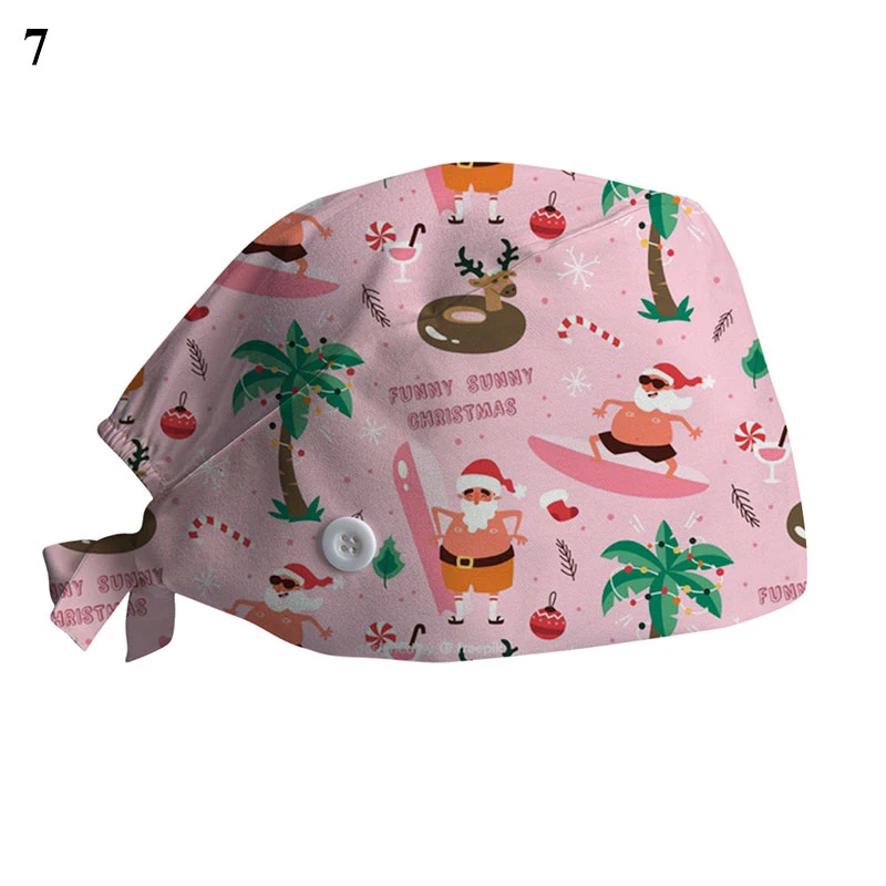 2022 Scrub Cotton Nurse Hat Floral Bouffant Sanitary Cap with Sweatband Cartoon Printing Nursing Confortable Hat Christmas Hat