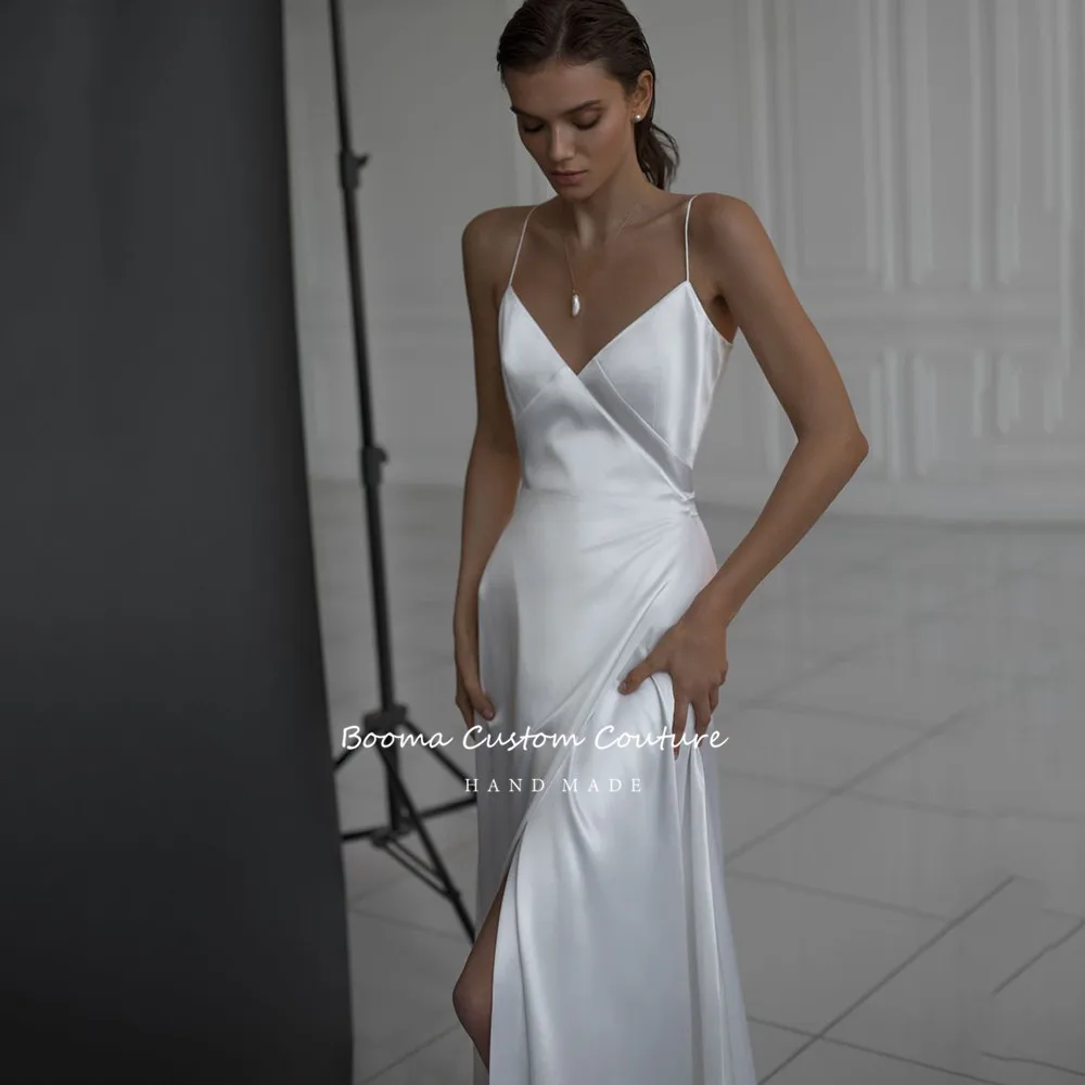 Vestidos de novia blancos simples con cuello en V, Sexy, tirantes finos, abertura lateral hasta el muslo, satén suave, línea A, vestidos de novia