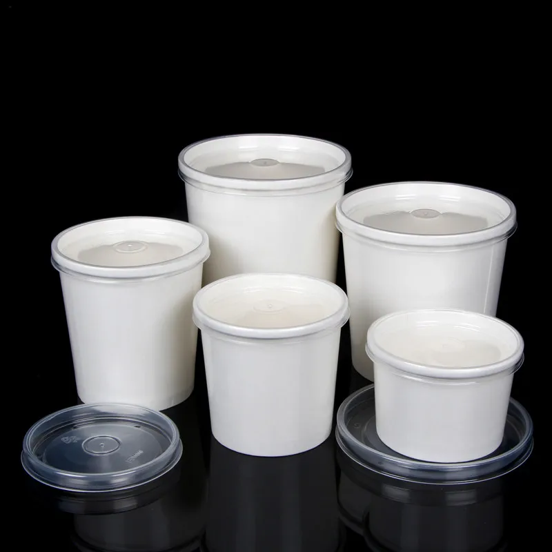 50pcs White thick kraft paper soup bucket disposable soup cup lunch box takeaway food bowl salad packaging round cup with lid