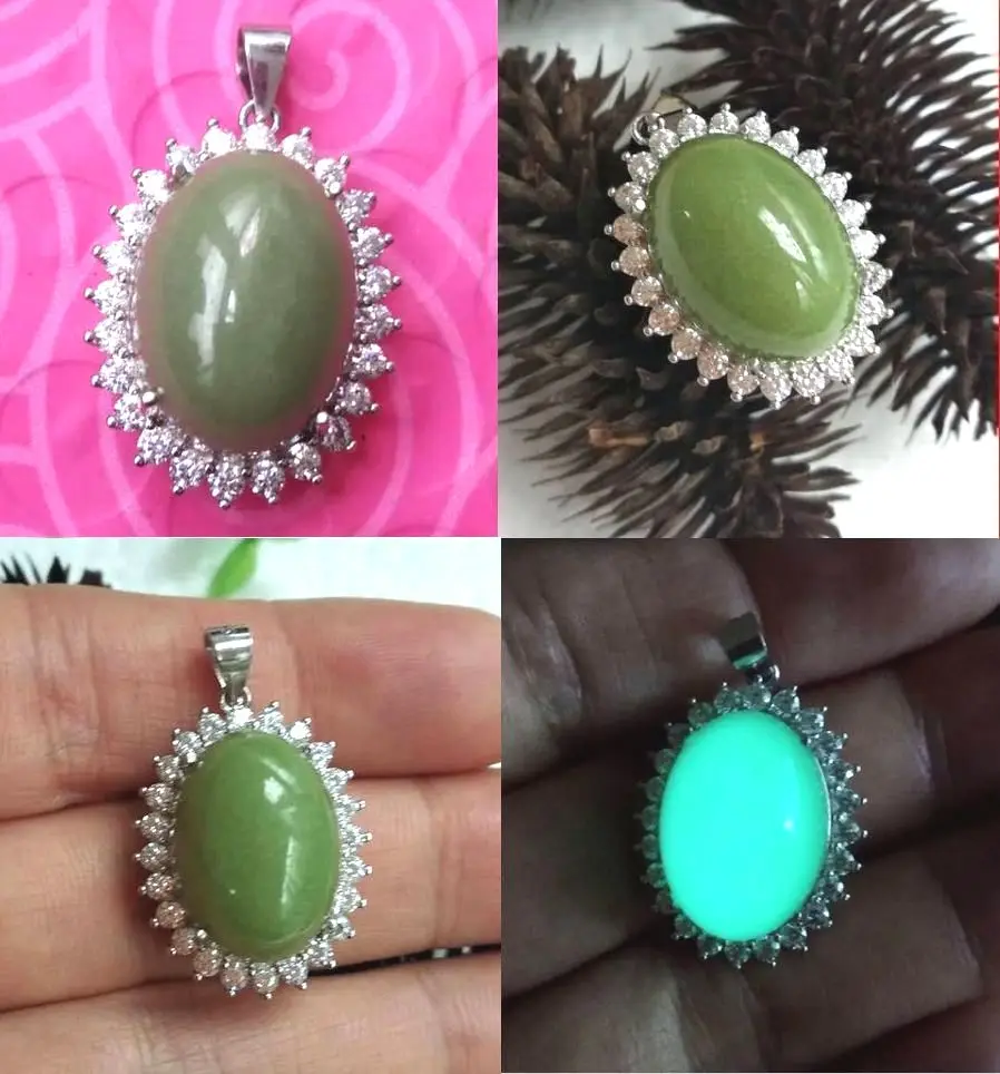 Natural Ore gemstone Green Shine Pendant S925 Silver Inlay Amulet Night-luminous mineral fluorite talisman