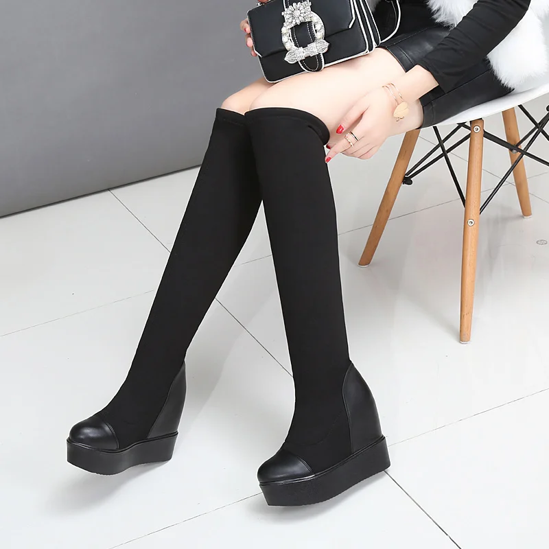 2019 Streth Al Ginocchio In Tessuto di Alta Piattaforma Stivali Donne Caldo di Spessore Scarpe Femminili Elastici dei pantaloni di Altezza Crescente