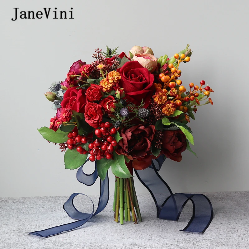 

JaneVini 2019 Romantic Wedding Bouquet Silk Red Bridal Flowers Artificial Burgundy Roses Bouquet Handle Ribbon Bruidsboeket Rood