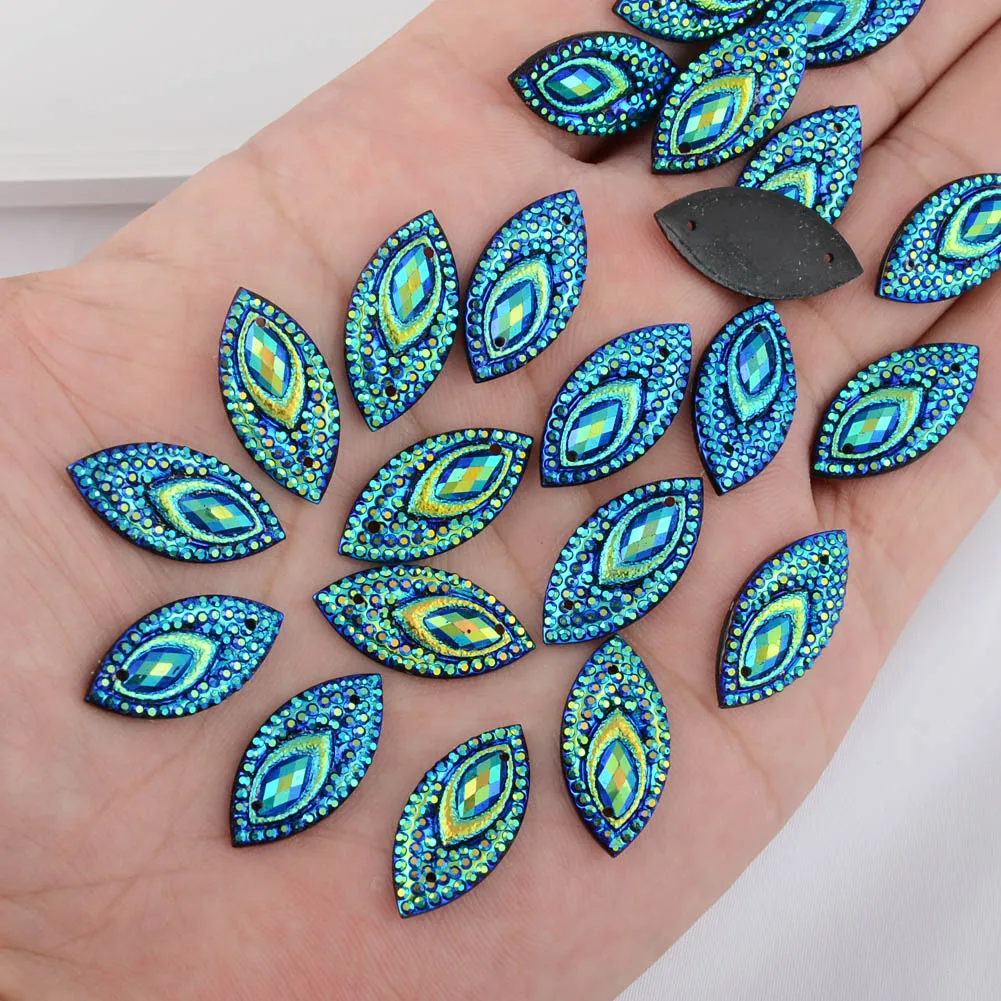 BOLIAO 20Pcs 11*22 mm(0.43*0.87 in) AB Color Horse eye Shape Blue Resin Rhinestone Flatback Sew On Clothes/Handmade Art Work