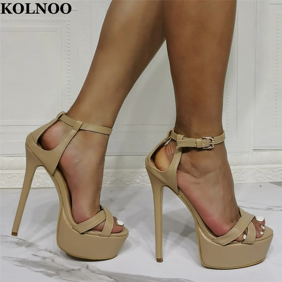 

KOLNOO 2022 New Handmade Womens High Heeled Sandals Buckle Strap Peep-Toe Sexy Platform Large Size US5-15 Evening Fashion Shoes