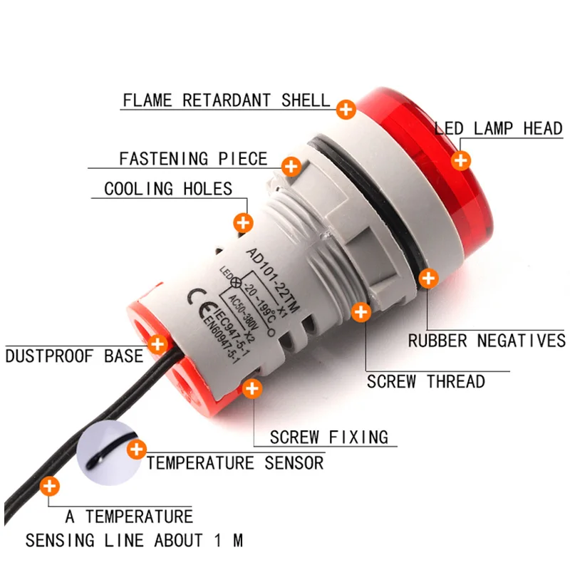 22mm Round Square LED Digital thermometer Signal Lights temperature meter Detector Sensor  -20-199 Celsius 50-500V AC