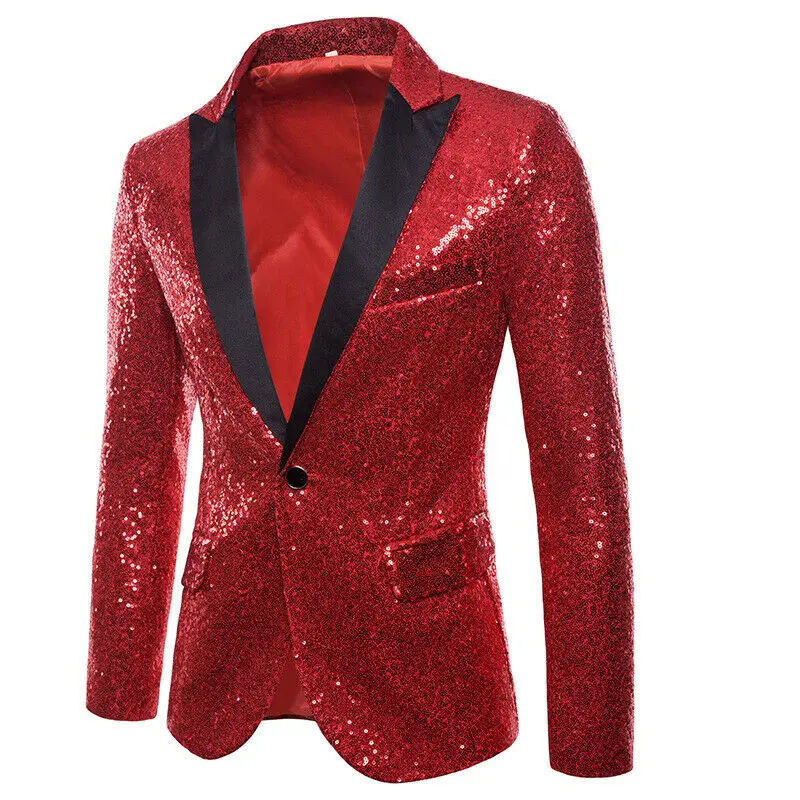 Men Glitter Sequin Suit Jackets Fancy Show Costume Party Coats Men Wedding Party Blazer Gentleman Button Dance Bling Formal Suit