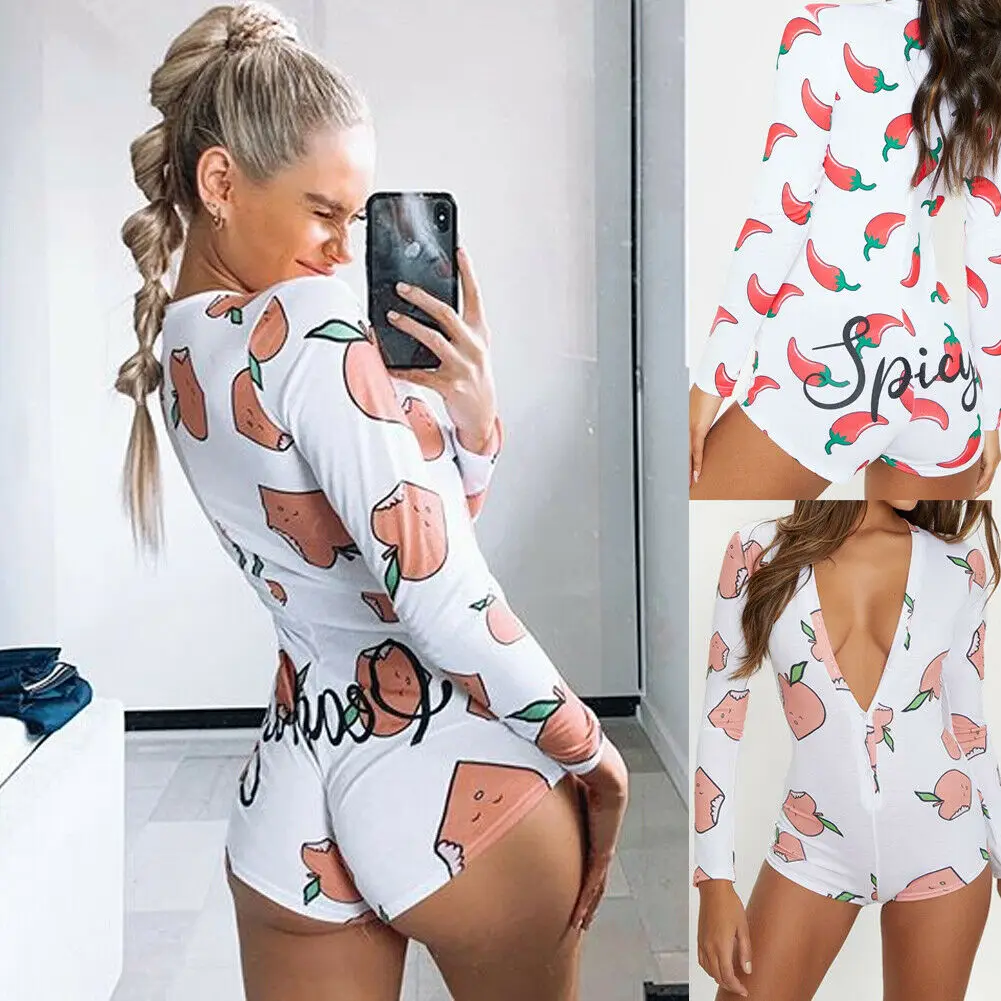 Summer New Hot Sale Women\'s Printed one-piece home Clothing Jumpsuit V Neck Sexy Leotard Romper Chili And Peach Print Bodysuit