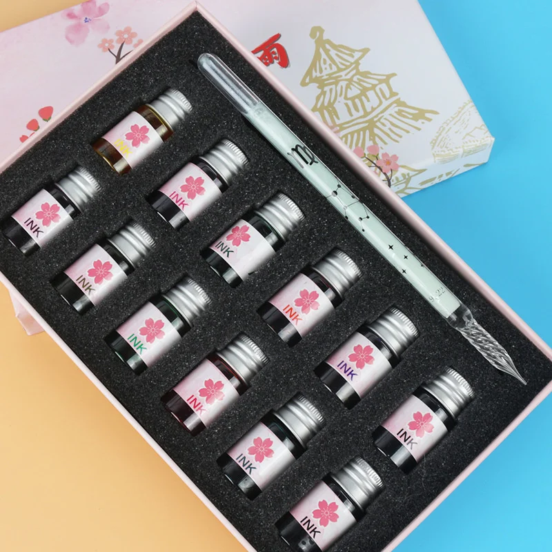 

12 Constellation Glass Dip Pen And Ink Sets Gift Box Set 13pcs Signature Pens Students Dipping Glass Pencil Stationery Gifts