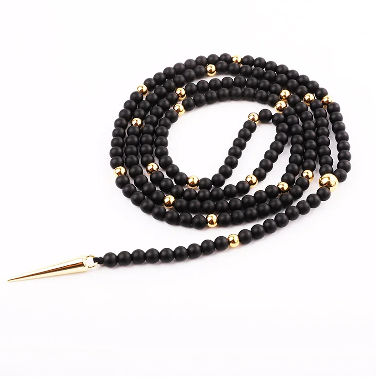 New Design Natural Stone Beads Tiger Eye Matte Onyx 316L Stainless Steel Cone Pendant Necklace Jewelry Gift Men