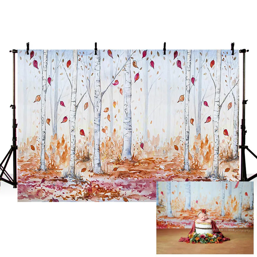 Mehofond Newborn Autumn Backdrop Painting Forest Red Leaves Baby Shower Decor Photography Background Photo Studio Photocall Prop