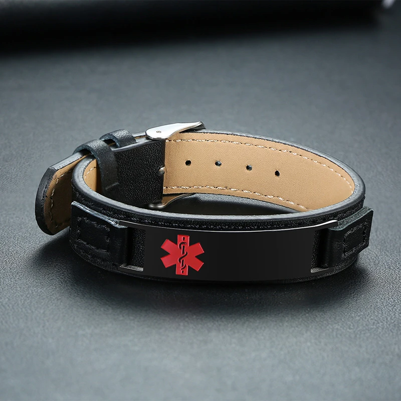 Personalized Leather Medical Alert ID Bracelets Men Women Free Custom DIABETES Allergy Emergency Remind Wristband Jewelry