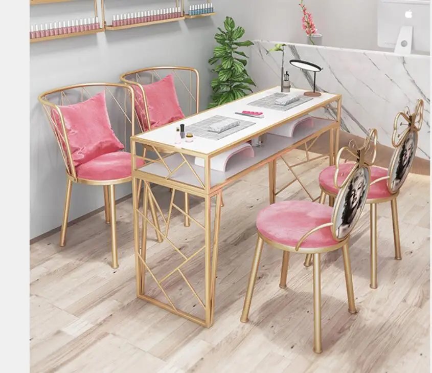 Net celebrity ins wind marble nail table and chair set single double gold iron simple nail table nail table