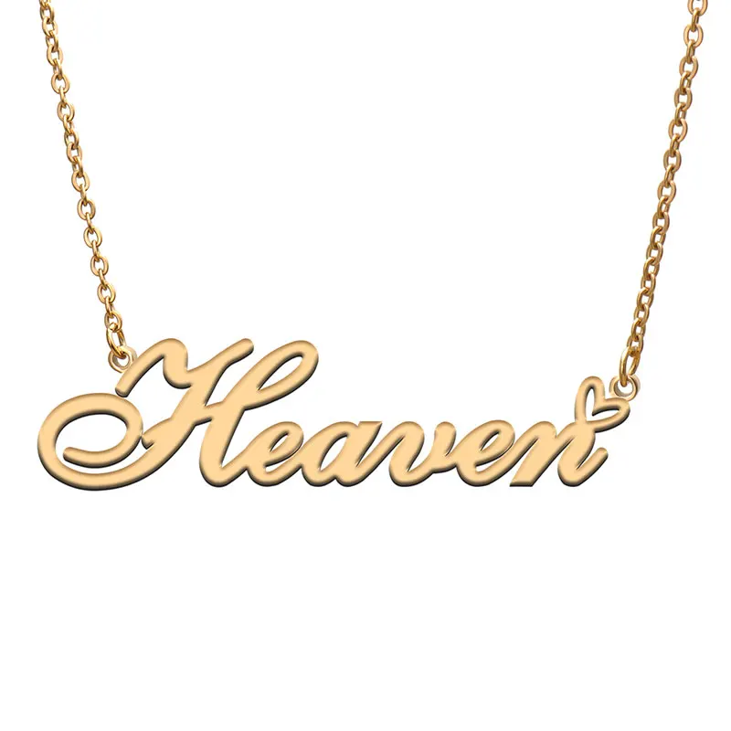 Heaven with Love Heart Name Necklace for Women Stainless Steel Jewelry Nameplate Pendant Femme Mother Child Girls Gift