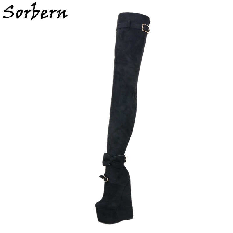 

Sorbern Custom Crotch Thigh High Boots Wedges High Heel Platform Shoe Long Boot Thin Straps With Bow Multi Colors