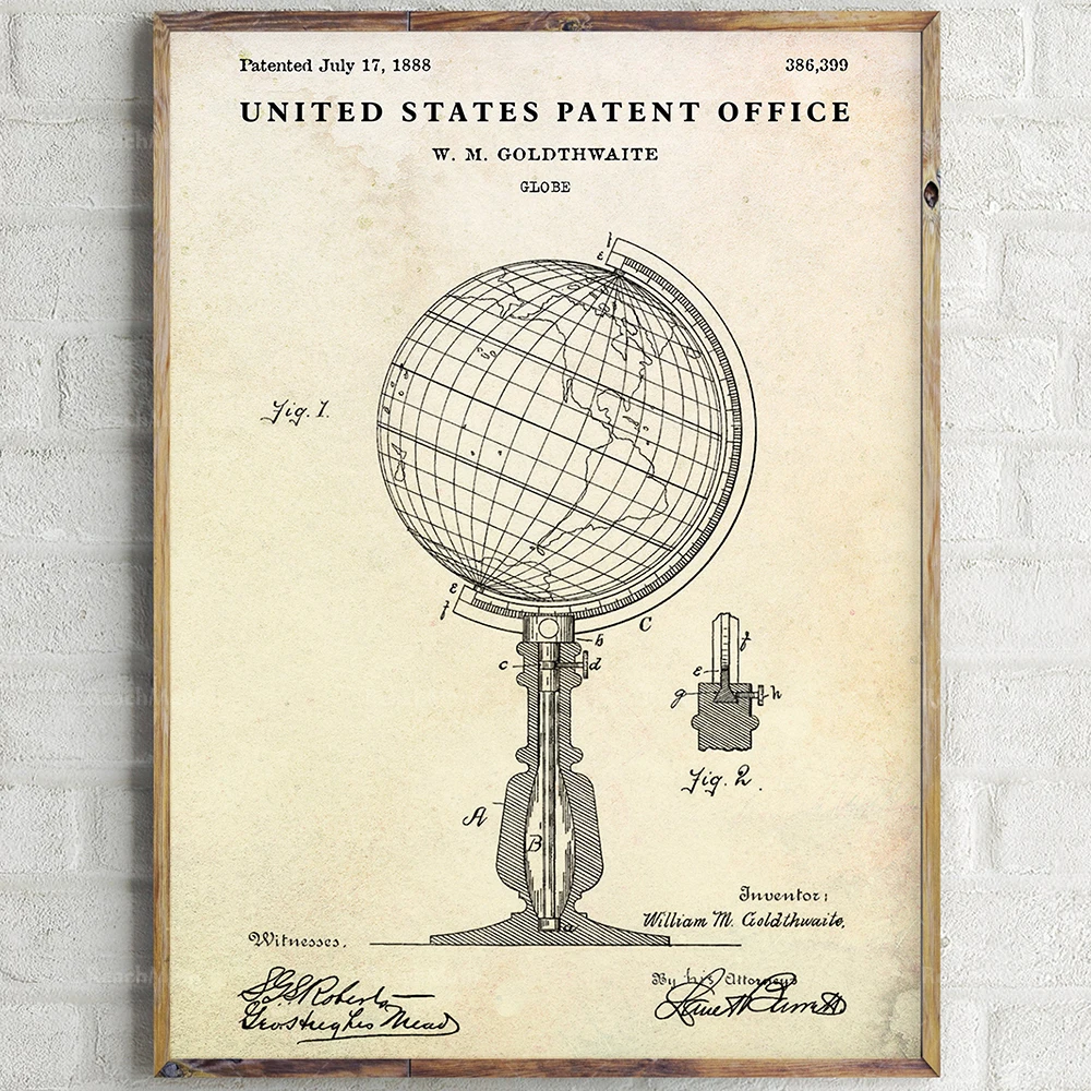 World Globe براءة اختراع طباعة خمر مخطط جدار الفن غرفة المعيشة المنزلي ديكور Rétro Affiche. ديكور جدارية دي لا مكتبة دي جيوج
