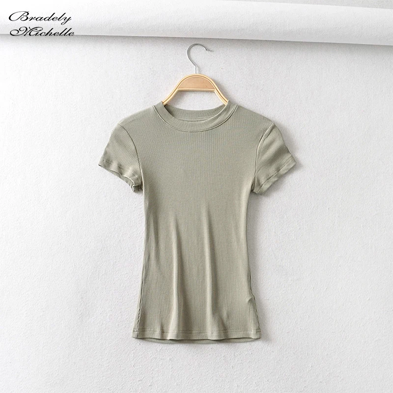 BRADELY MICHELLE Summer Women Basic O-neck Short-sleeve T-shirt Slim Elastic Basic Tees