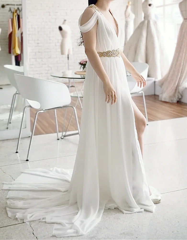 Pure White Chiffon Evening Dress Chic Formal Dress A-line Sweep Train For Wedding Mother Dress Prom Dress платья знаменитостей