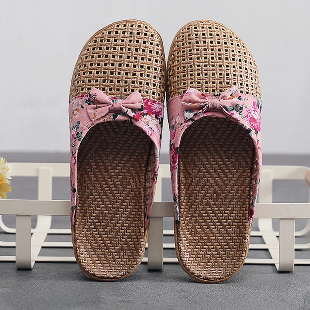 2023 Summer Linen EVA Anti-Slip Flat Slipper Women Casual Butterfly Knot Slip On Slides Indoor Home Slippers Shoes Beach Shoes