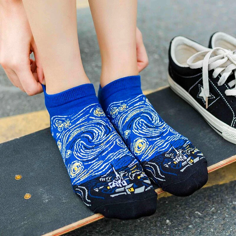 4 Pairs Unisex happy Van Gogh Oil Painting Casual Men Women Funny Sock Fashion Harajuku Fruit Animal Cotton Female Ankle Socks