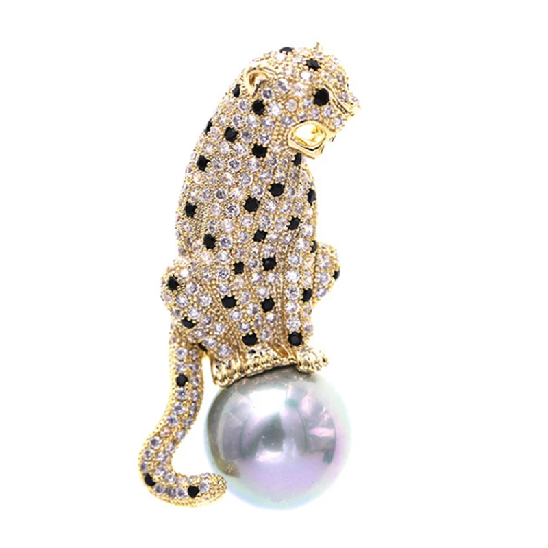 Zlxgirl wedding brooches jewelry Jet Enamel leopard men wedding hijab accessory metal Cubic zircon copper pin brooch pearl scarf