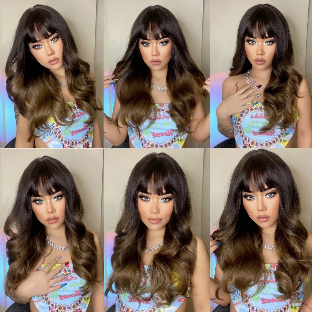 GEMMA Long Water Wavy Synthetic Wigs with Bangs Ombre Dark Brown Cosplay Hair Wig for Women African Heat Resistant Fiber Wig