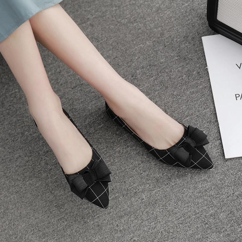 Women Flat Heel Shoes Side Empty Bowknot Lady Flats Plaid Black Gray Pointed Toe 31-45 Spring Summer Shoes All Match Soft Sole