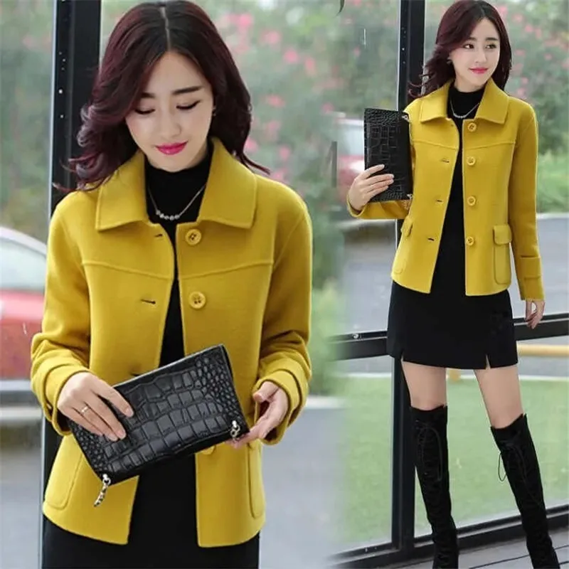 

Women Solid Color Woolen Coat Short 2023 Autumn Square Collar Woolen Jacket Femme Single Breasted Tops Female Outwear Black