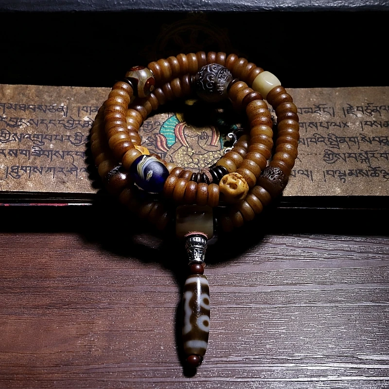 Blessed Mala Tibetan Natural Yak Bone Mala Three-eyes DZI Buddhist Yak Bone 108 Prayer Beads Tibetan Rosary Beads